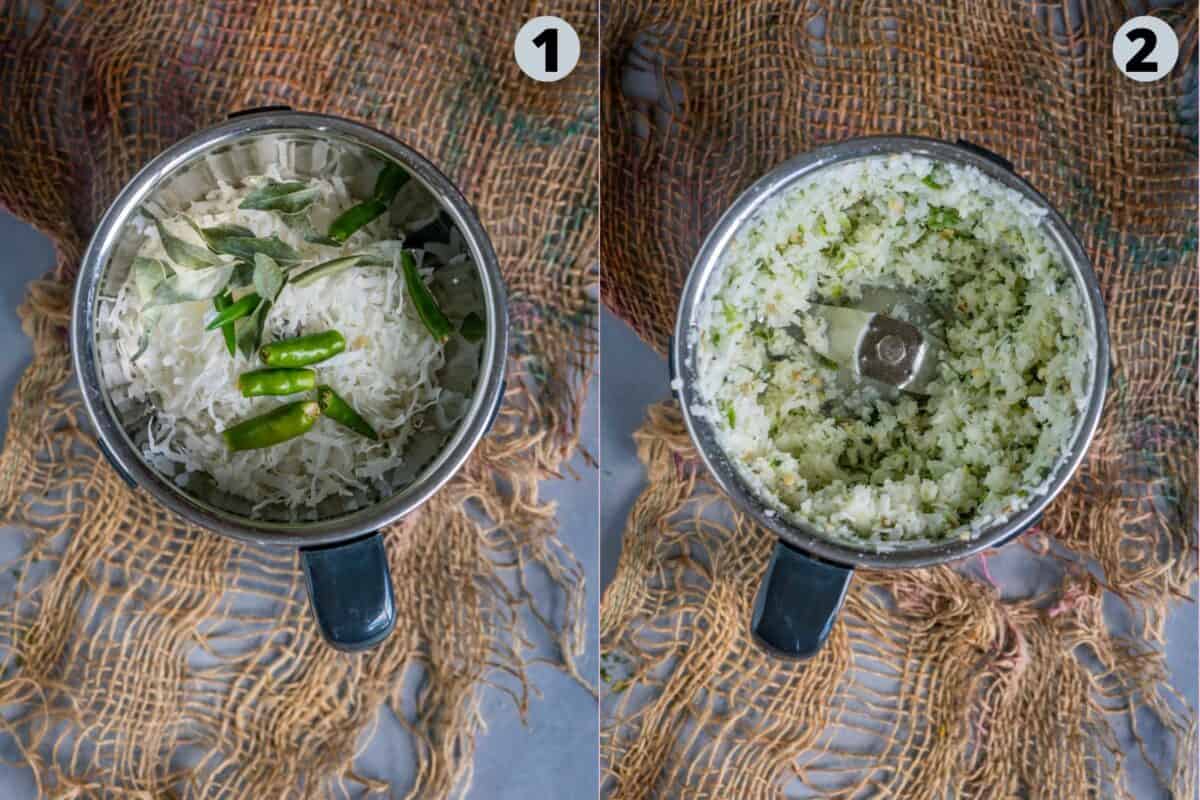 2 image collage showing how to make the ground masala for chickpea sundal