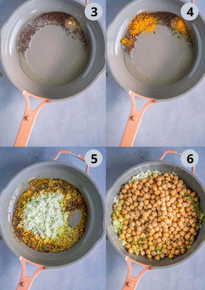 4 image collage showing how to make chickpea sundal