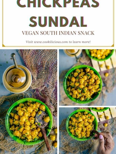 3 image collage of chickpea sundal with text at the top