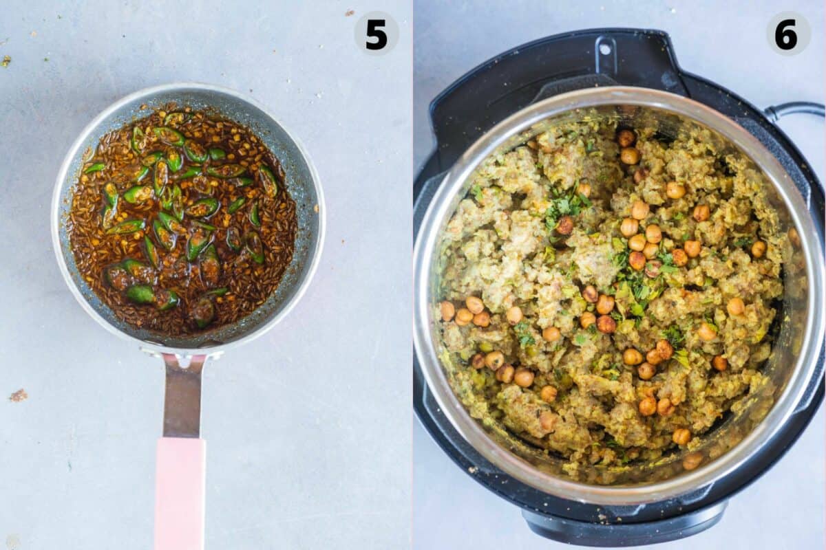 2 image collage showing how to do the tadka for Instant Pot Teff Quinoa Khichdi