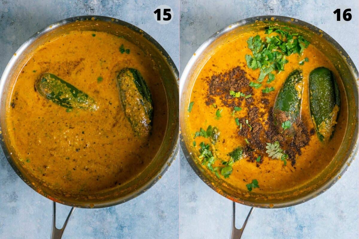 2 image collage showing how to make Mirchi Ka Salan recipe