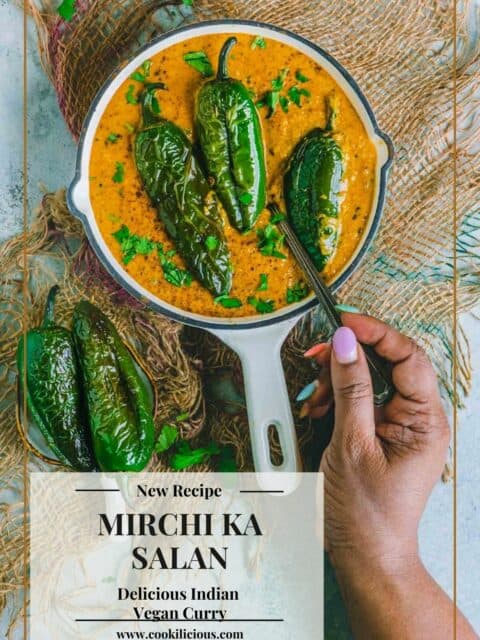 a hand digging into a bowl of Mirchi Ka Salan holding a spoon and text at the bottom left
