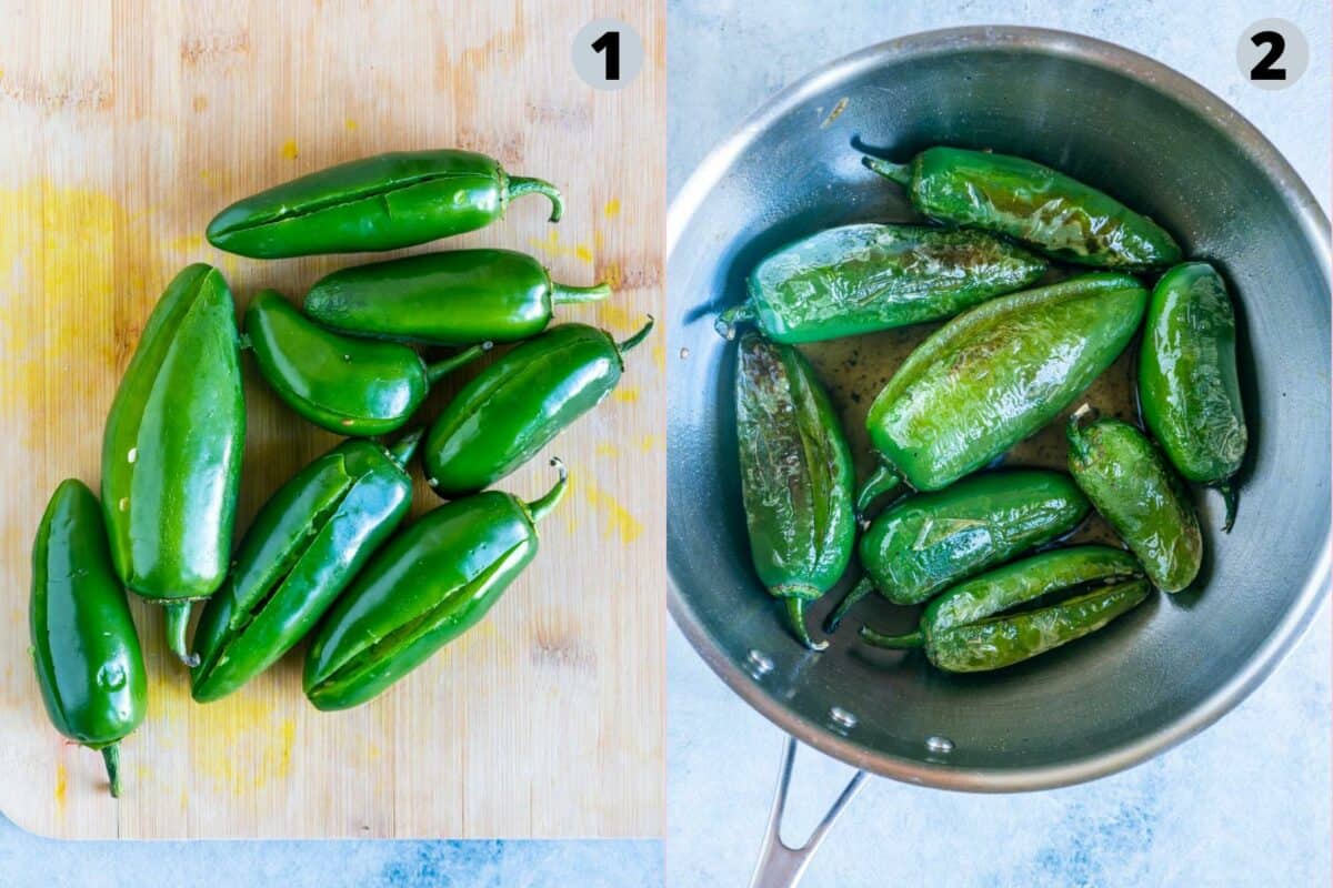 2 image collage showing how to prep the mirchi for salan