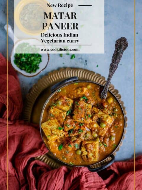 Mutter Paneer served in a bowl with a spoon and text at the top left