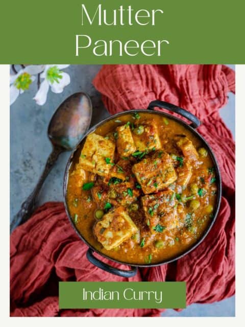 Mutter Paneer masala served in a small kadai with a spoon next to it and text at the top and bottom