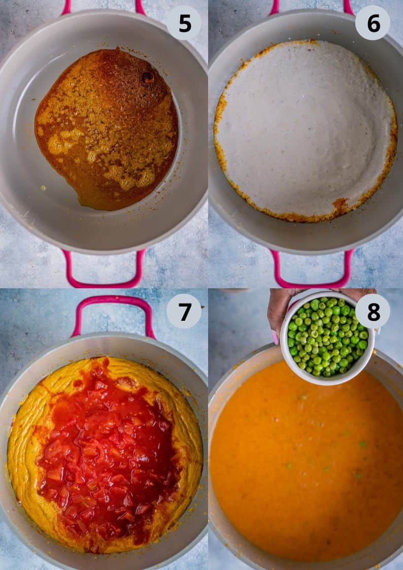 4 image collage showing the steps to make Mutter Paneer on the stovetop