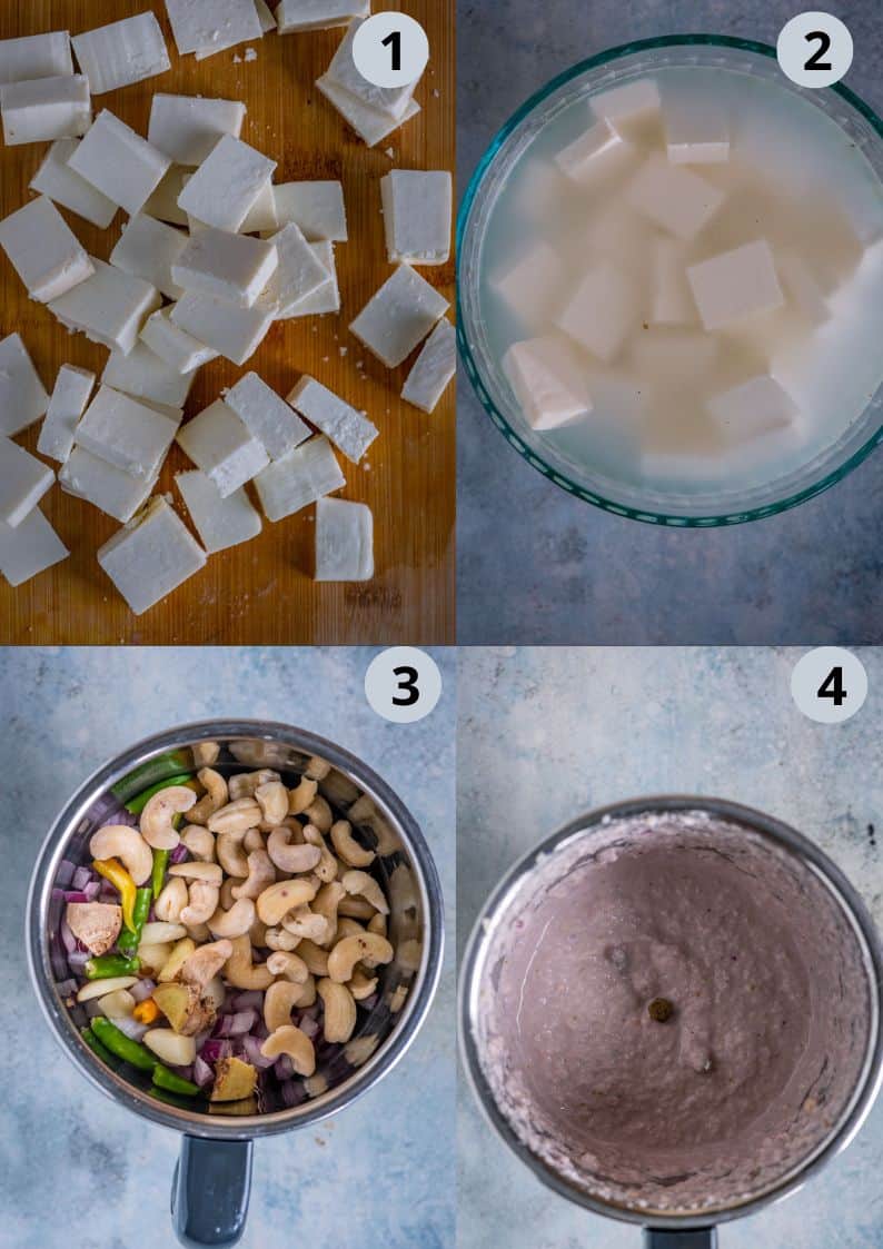 4 image collage showing how to prep for Mutter Paneer