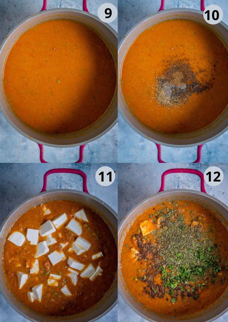 4 image collage showing how to make Mutter Paneer