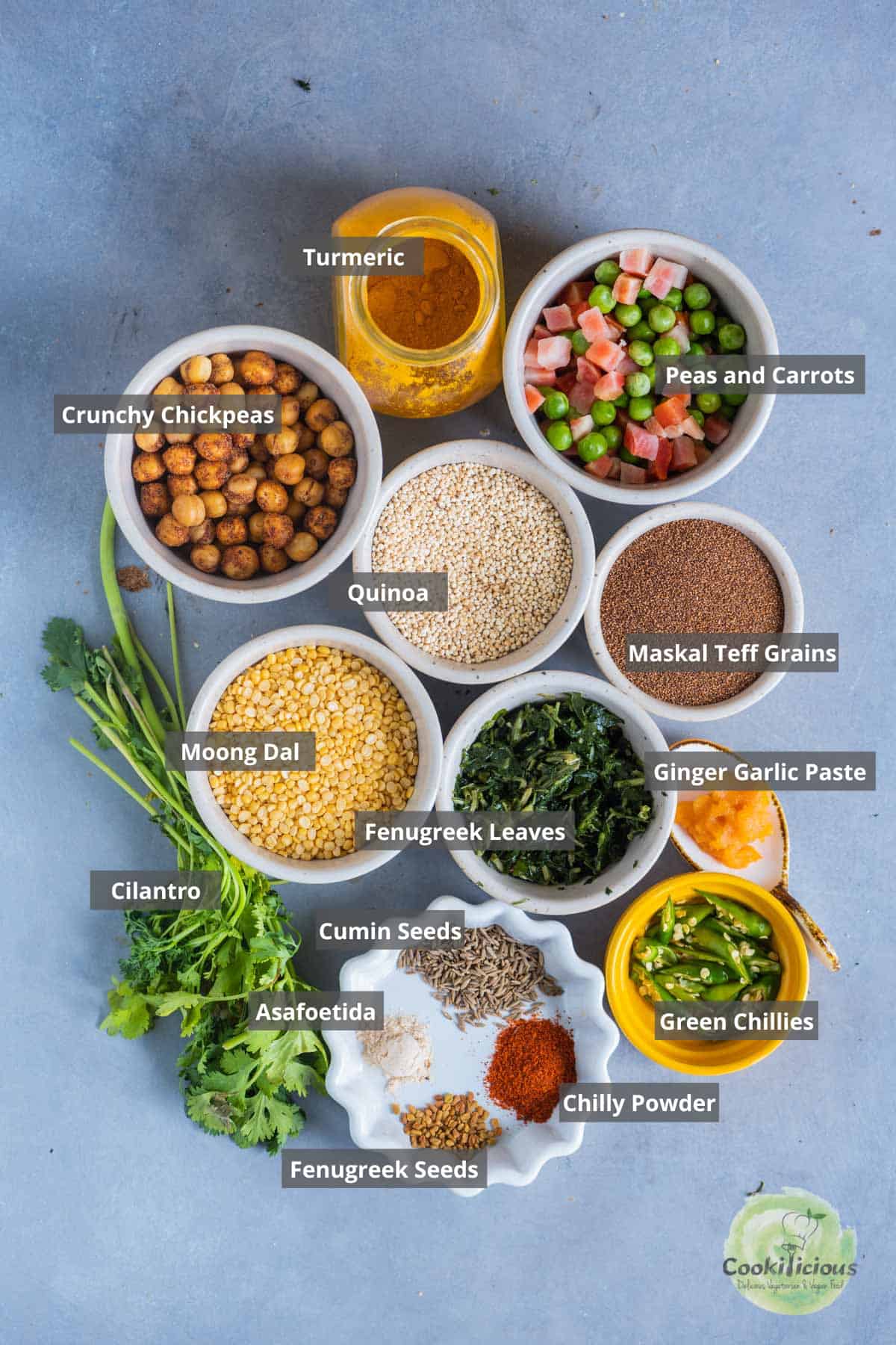 all the ingredients needed to make Instant Pot Teff Quinoa Khichdi placed on a table with labels on them