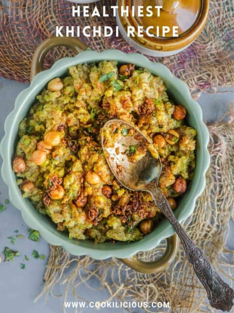 a spoon resting over a bowl of Instant Pot Teff Quinoa Khichdi and text at the top and bottom
