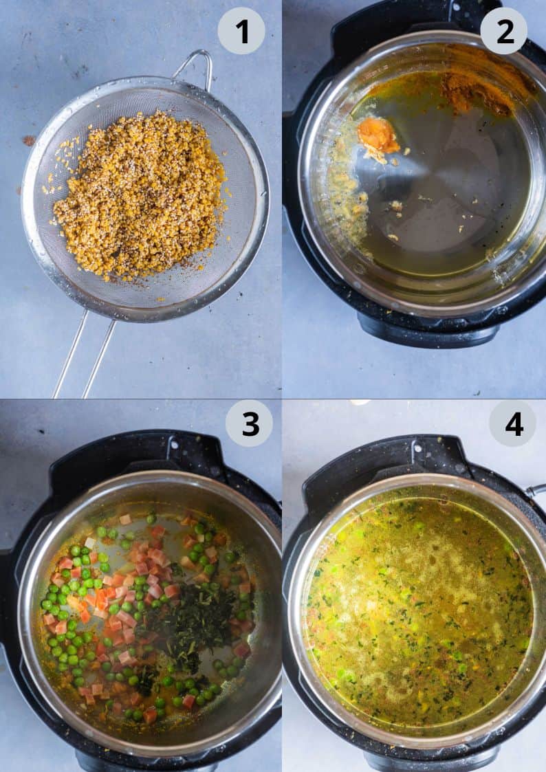 4 image collage showing how to make Instant Pot Teff Quinoa Khichdi