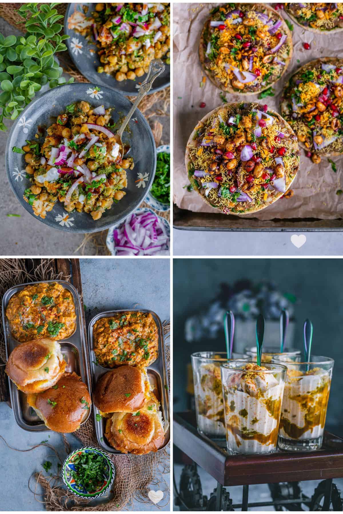 Four Diwali party snacks, including dabeli pita pizza, paneer bhurji with pav, and dahi vada in glasses.