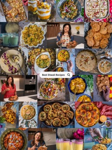 Collage of Diwali sweets, snacks, and party food, including barfi, chivda, and kheer, with Priya serving festive treats.