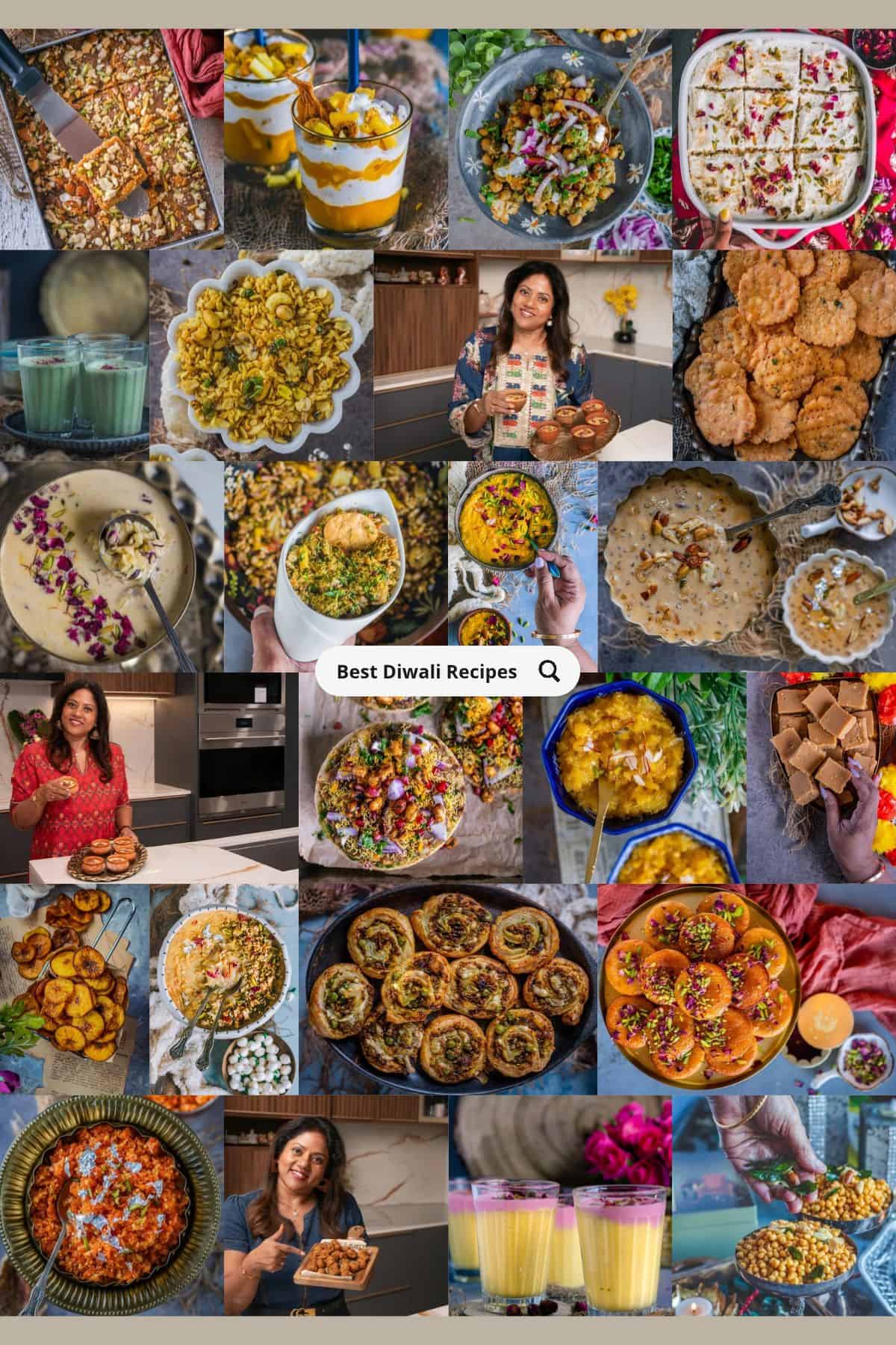 Collage of Diwali sweets, snacks, and party food, including barfi, chivda, and kheer, with Priya serving festive treats.