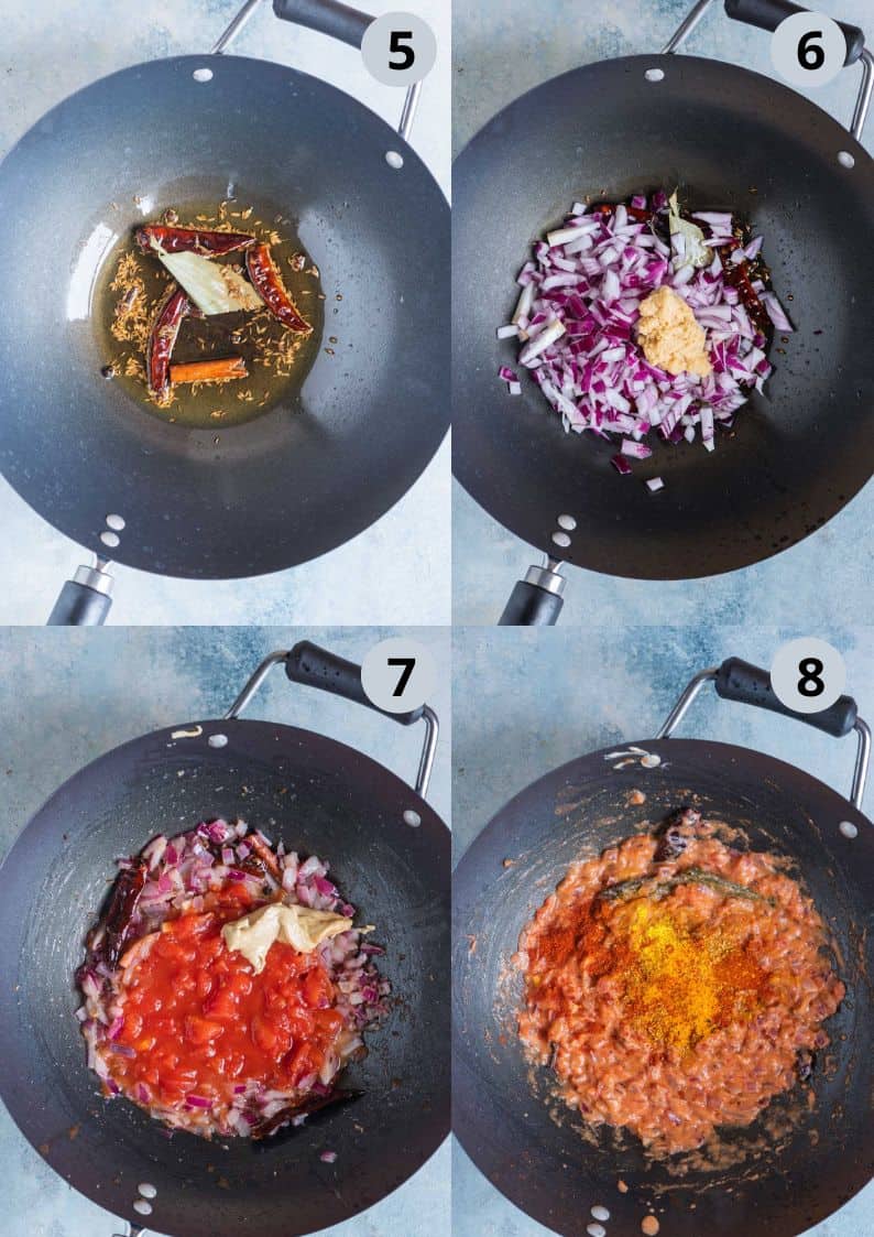 4 image collage showing the steps to make Chickpea Spinach Curry