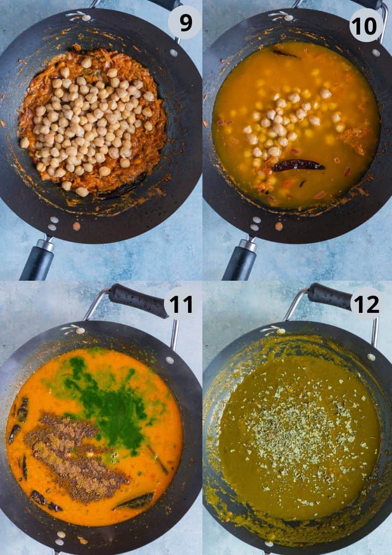 4 image collage showing hwo to make Chickpea Spinach Curry