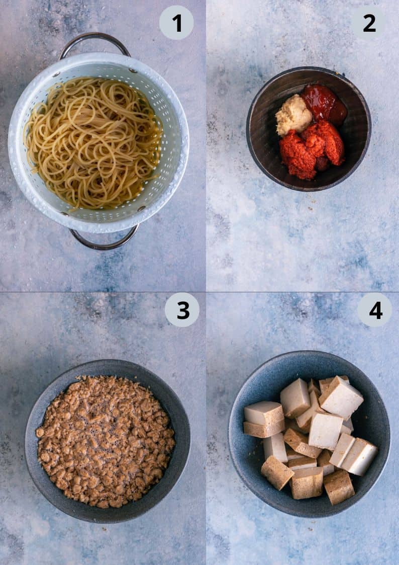 4 image collage showing how to make spicy Thai noodles