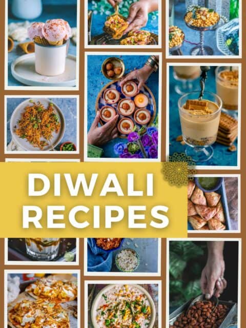 12 image collage of dishes that can be made for Diwali and text in the center