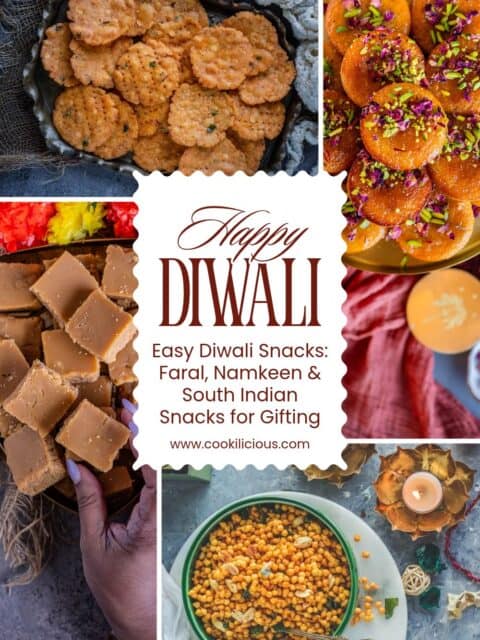 Happy Diwali pin with thattai, gulab jamun cupcakes, Mysore Pak, and kara boondi, titled Easy Diwali Snacks for Gifting.