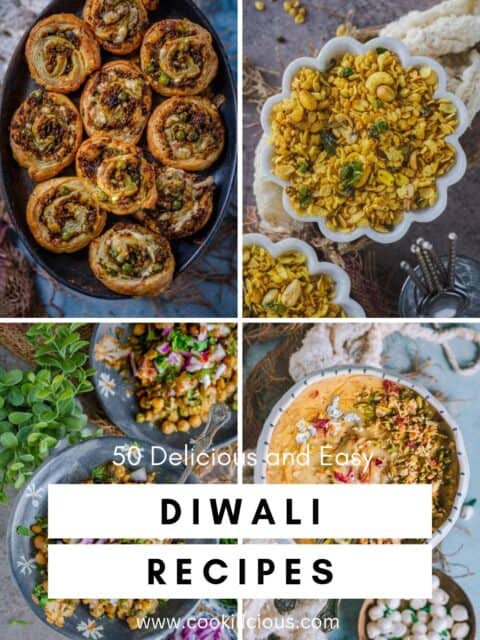 Pin titled 50 Delicious and Easy Diwali Recipes, with matar kachori pinwheels, chivda, chickpea chaat, and semiya payasam.