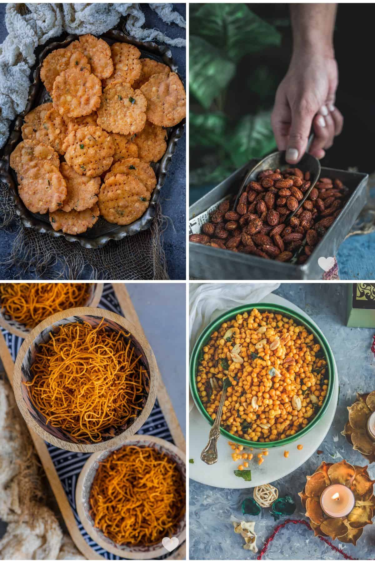 Four homemade Diwali snacks, including crispy thattai, spiced almonds, sev, and kara boondi.
