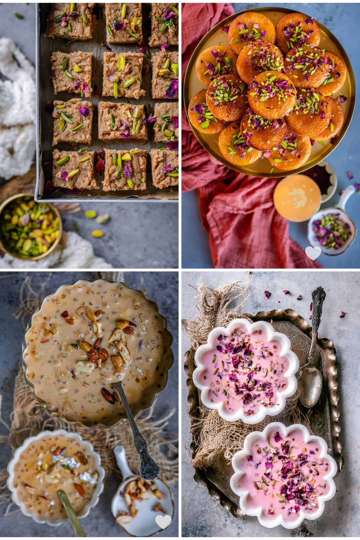 Four Diwali sweets, including gulab jamun cupcakes, sabudana kheer, and rose basundi.