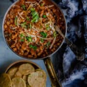 Instant Pot Black-Eyed Peas Vegan Chili served with some tortilla chips on the side