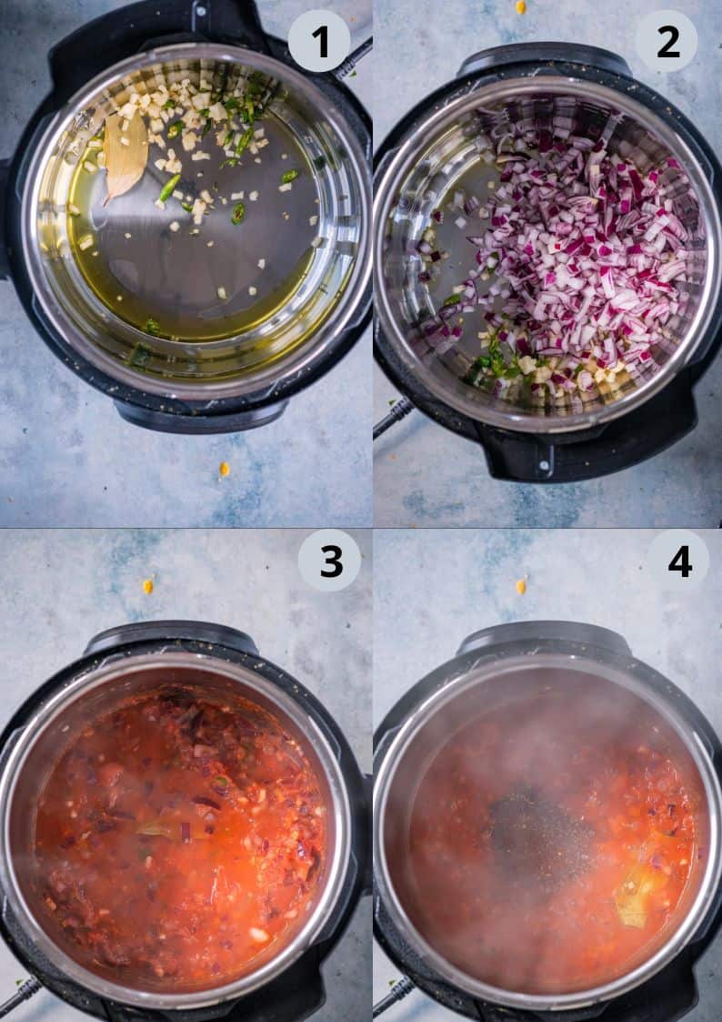 4 image collage showing how to make Instant Pot Black-Eyed Peas Vegan Chili
