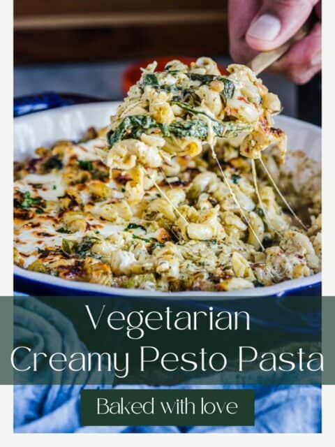 cheese pull image of Creamy Pesto Pasta Bake and text at the bottom