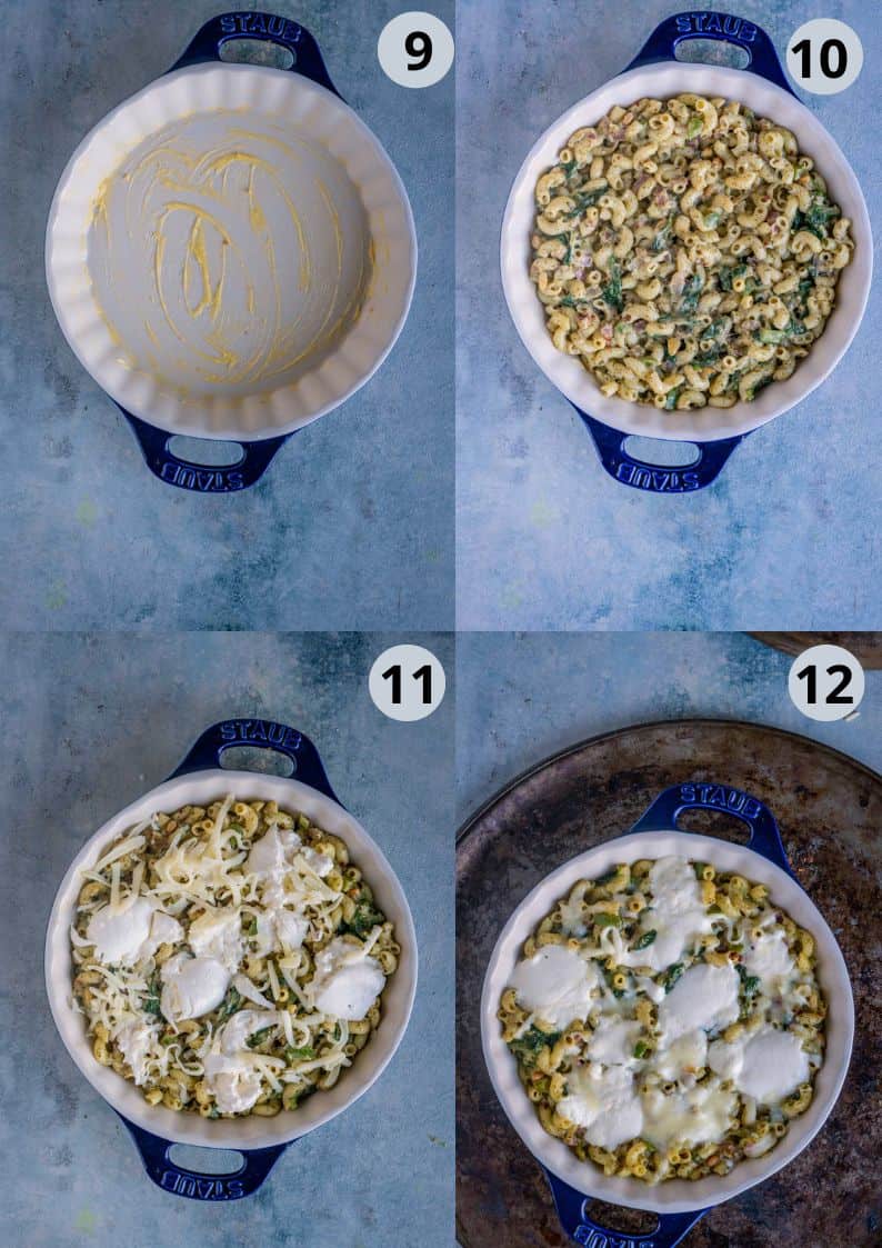 4 image collage showing the steps to make Creamy Pesto Pasta Bake