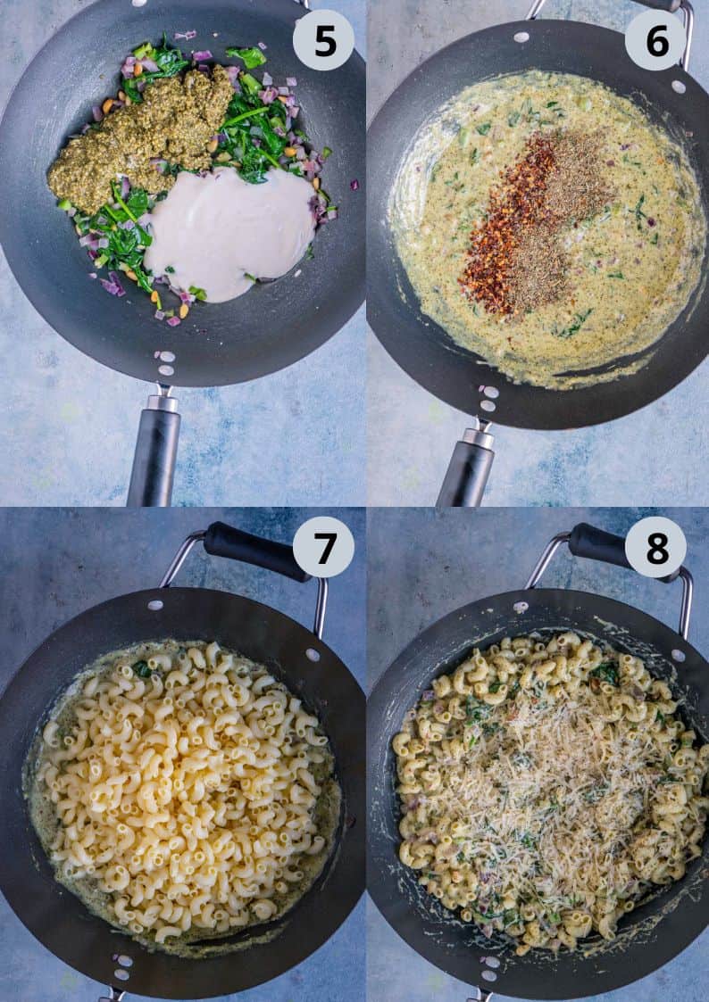 4 image collage showing how to make Creamy Pesto Pasta Bake