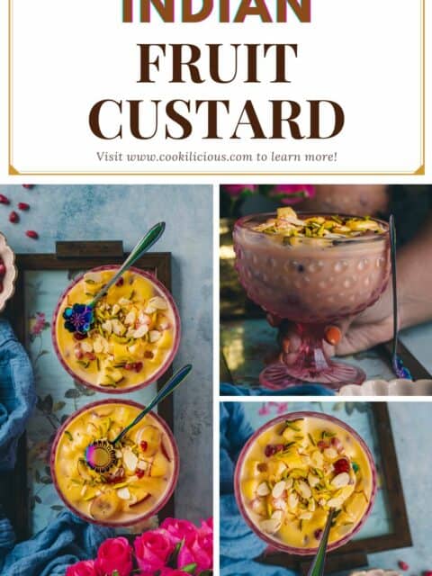 3 image collage of Indian fruit custard with text at the top