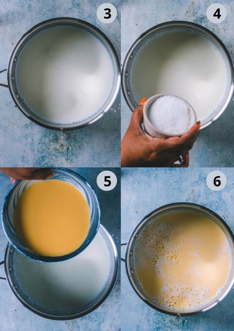 4 image collage showing how to make Indian Fruit Custard