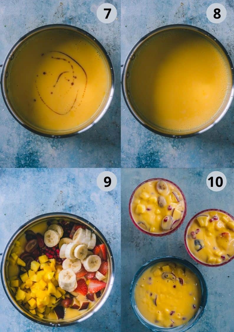 4 image collage showing the steps to make Indian Fruit Custard