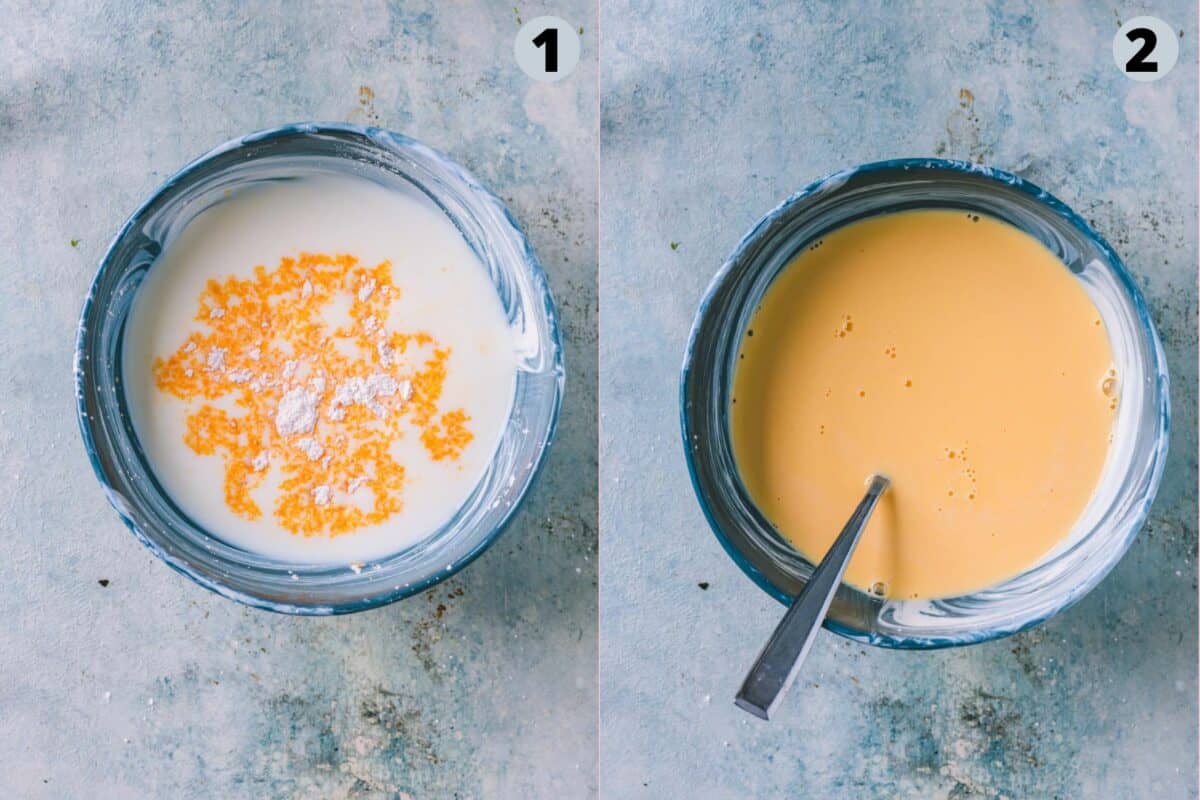 2 image collage showing how to make custard from powder