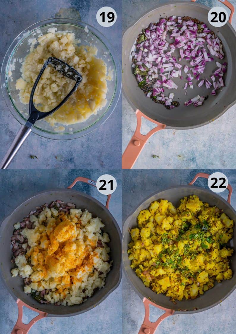 4 image collage showing how to make potato bhaji for misal