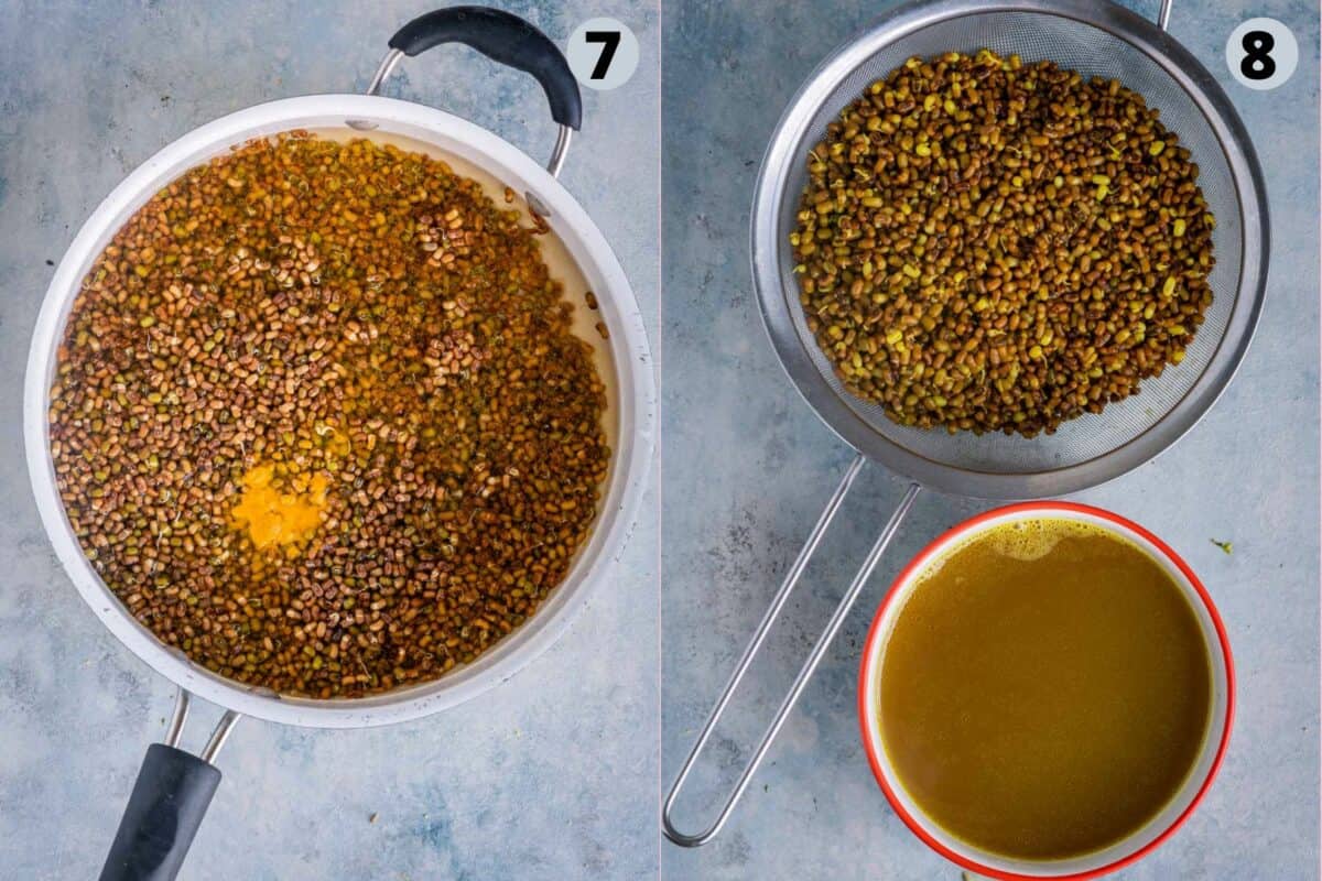 2 image collage showing how to make stock using sprouts for misal tarri