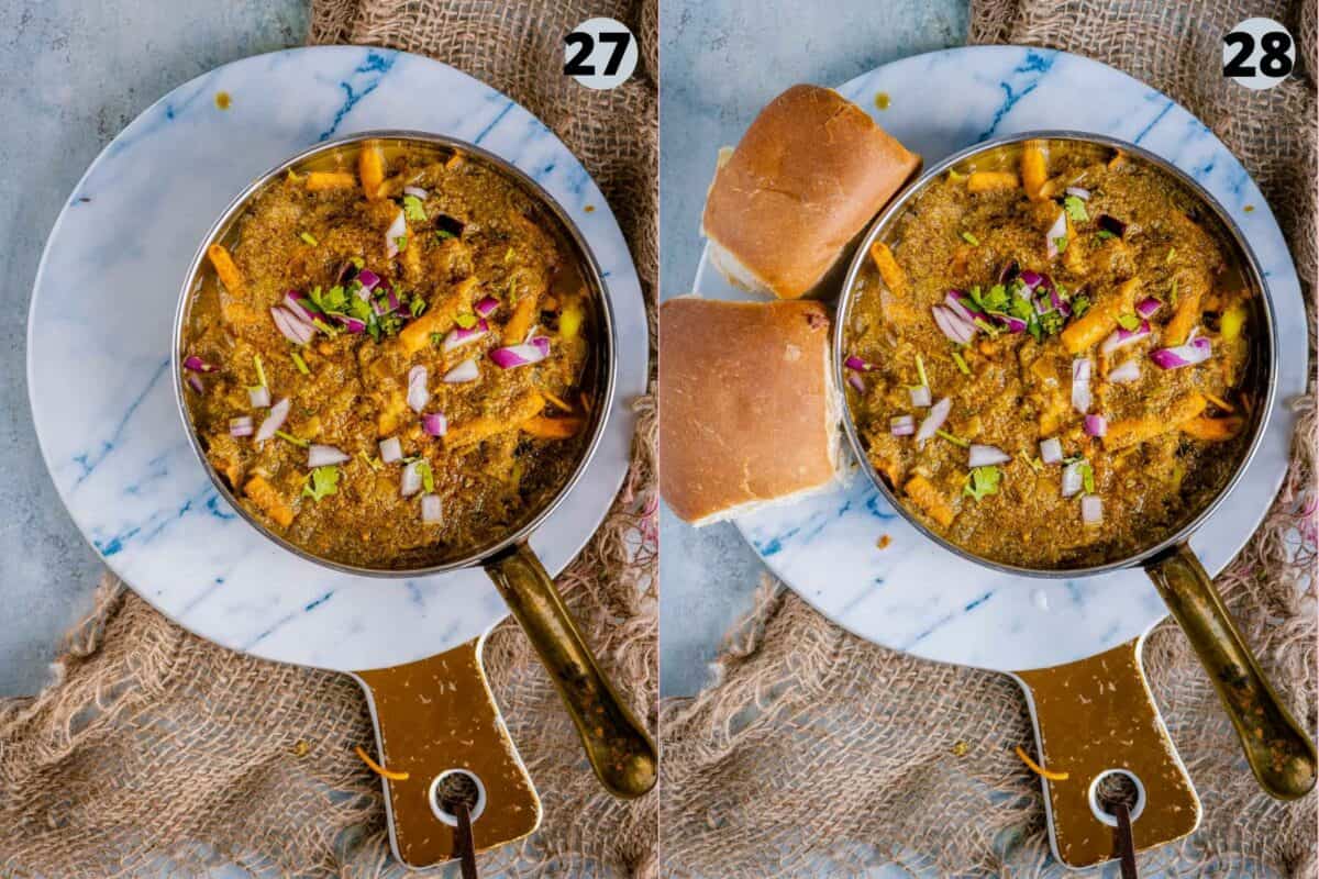 2 image collage showing the steps to make misal pav