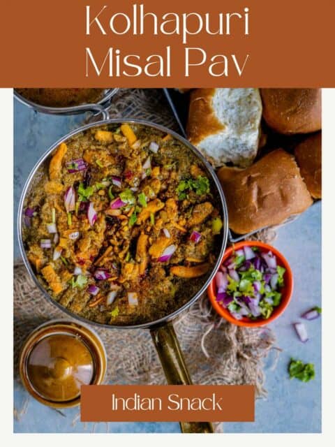 misal served in a plate with pav on the side and text at the top