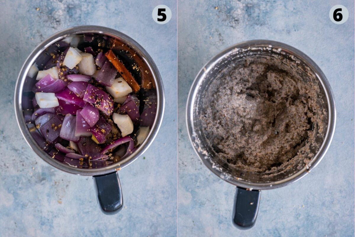 2 image collage showing the steps to make the vatan masala for misal