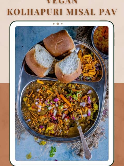 a plate served with misal, pav and chopped onions and text at the top and bottom