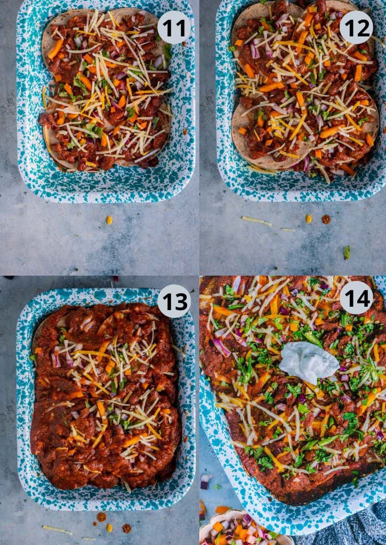 4 image collage showing the steps to make Vegan Enchilada Casserole
