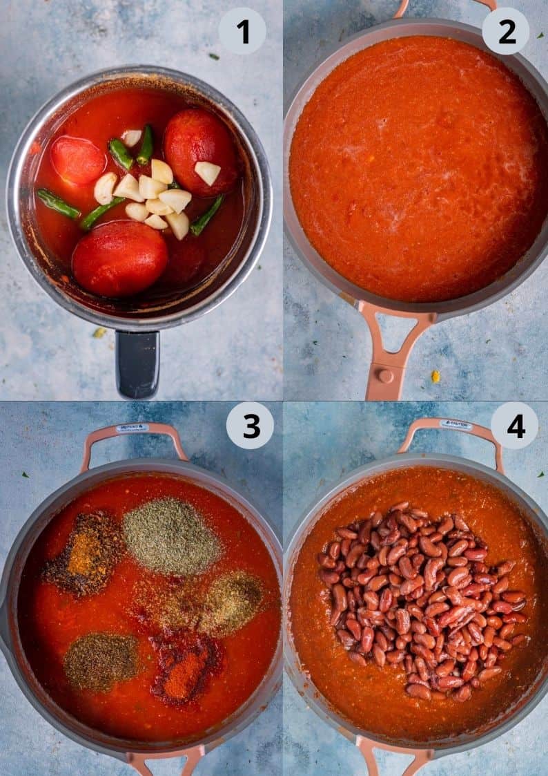 4 image collage showing how to make vegan enchilada sauce