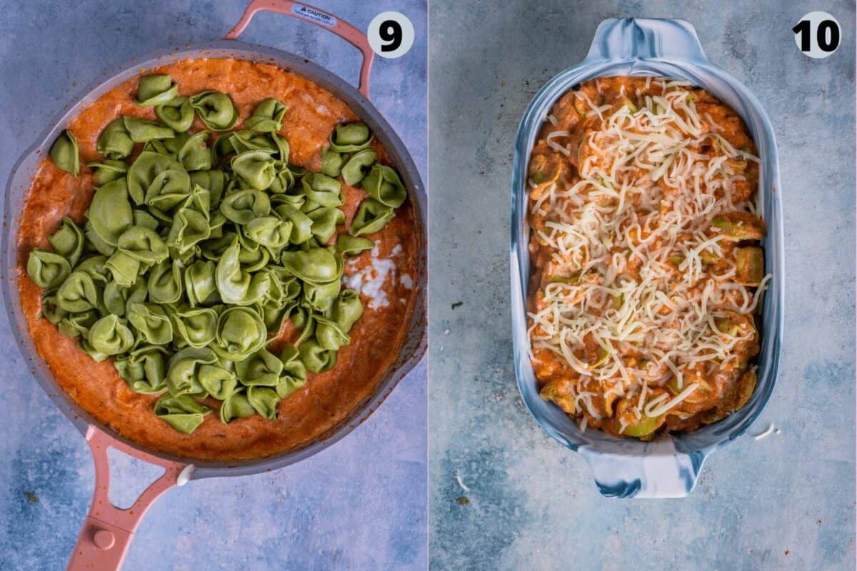 2 image collage showing the steps to make Baked Tortellini Casserole