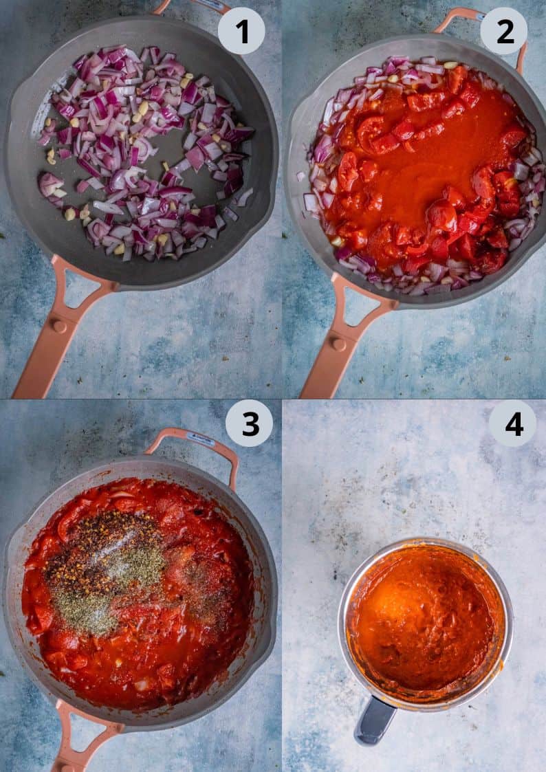 4 image collage showing how to make vegan marinara sauce