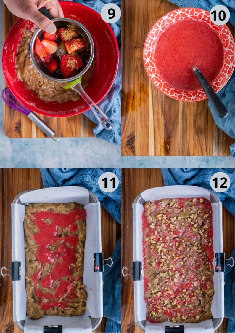 4 image collage showing the steps to make Vegan Gluten-free Banana Strawberry Bread