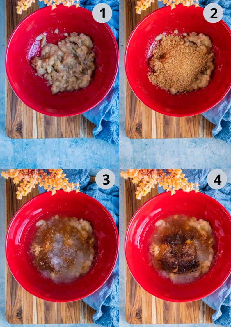 4 image collage showing how to make Vegan Gluten-free Banana Strawberry Bread