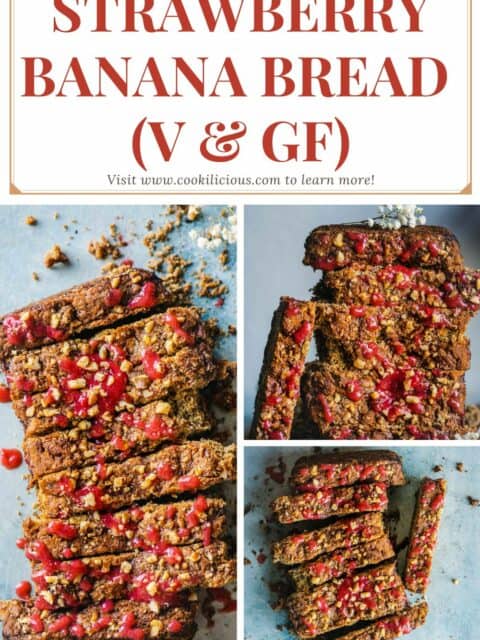3 image collage of Vegan Gluten-free Banana Strawberry Bread with text at the top