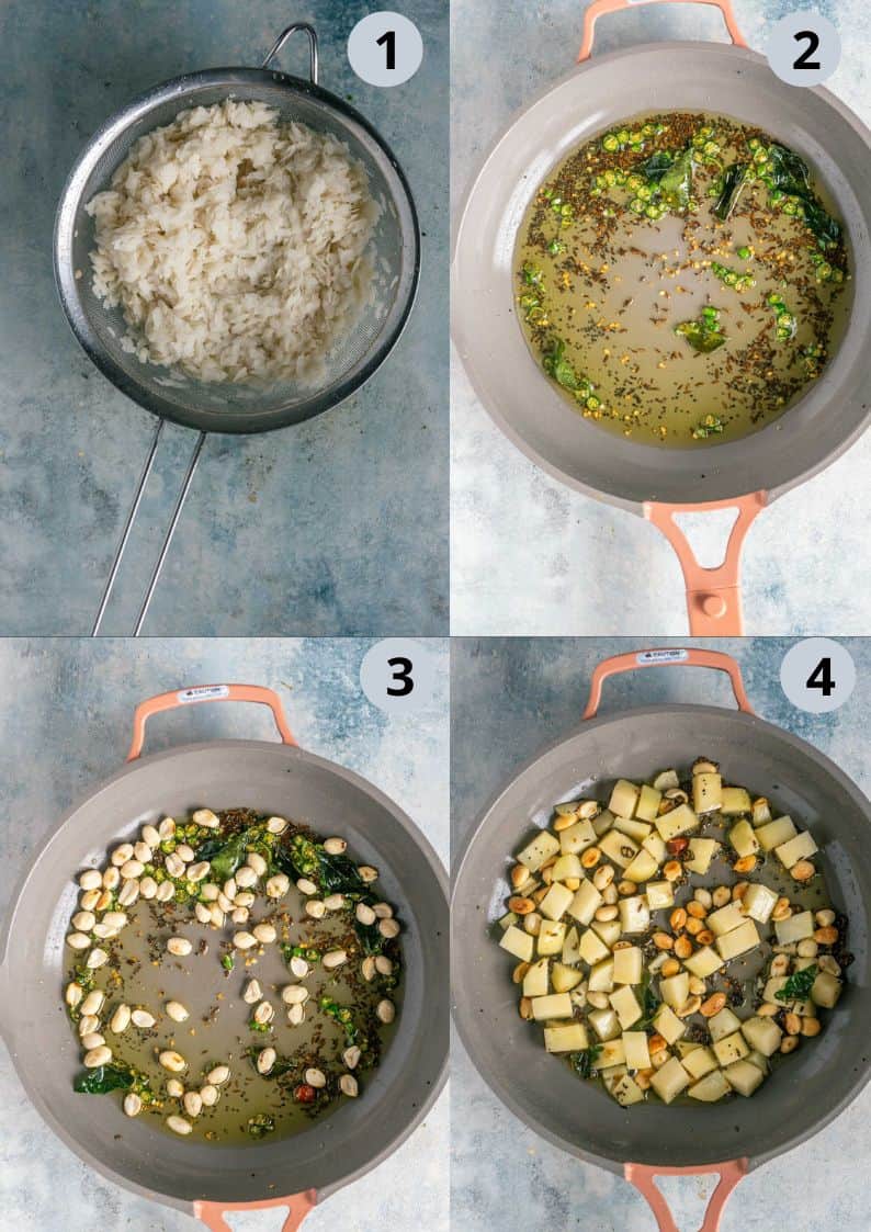 4 image collage showing hw to make Kanda Poha Recipe