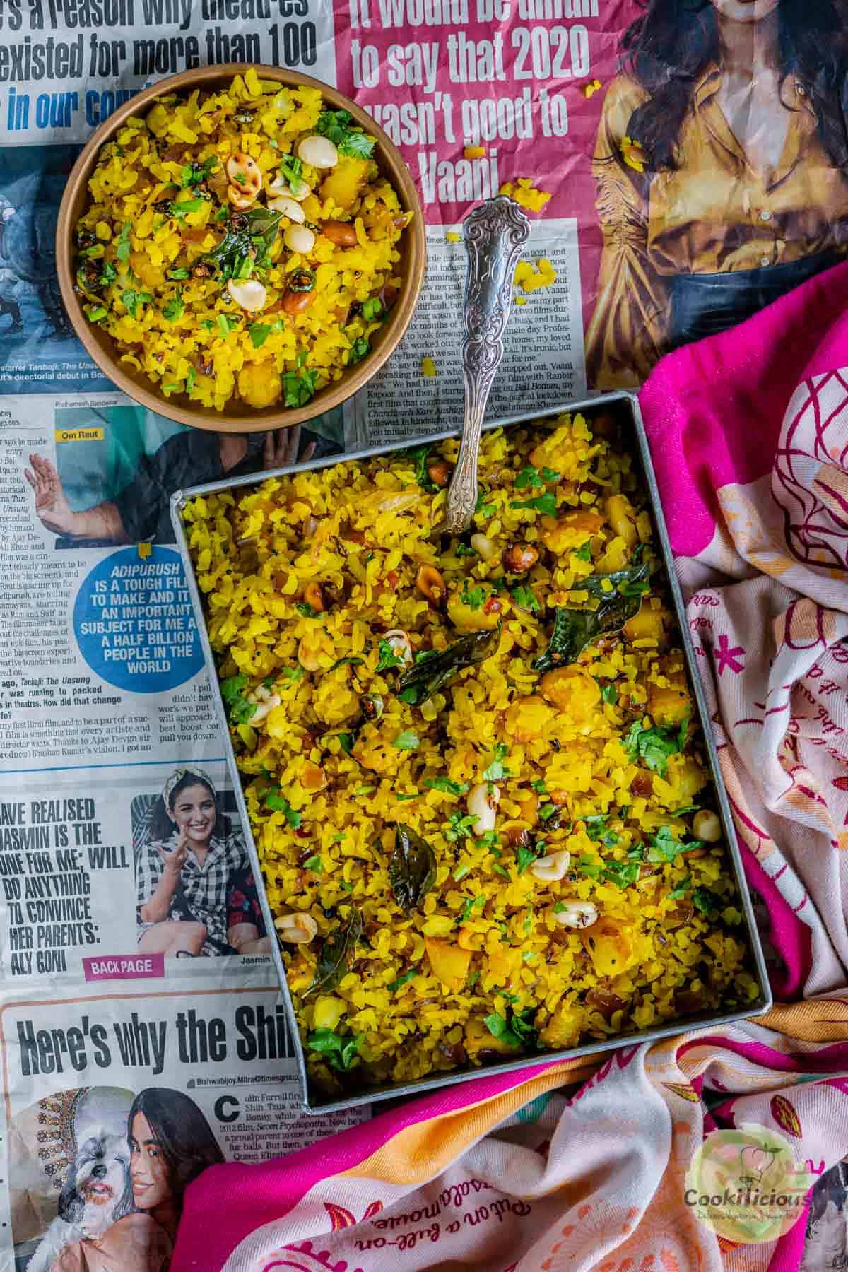 a platter and plate filled with Kanda Poha